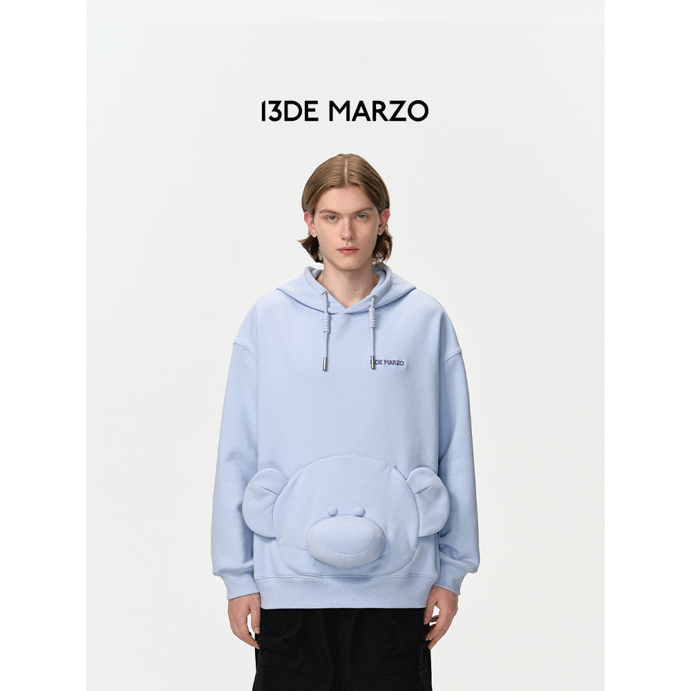 13DE MARZO Bear Embossment Pocket Hoodie Blue