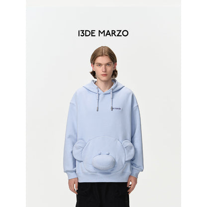 13DE MARZO Bear Embossment Pocket Hoodie Blue