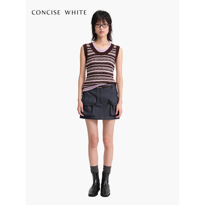 Concise-White Color Striped Knitted Vest Top