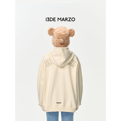 13DE MARZO Bear Embossment Pocket Hoodie Beige