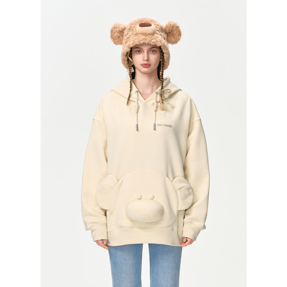 13DE MARZO Bear Embossment Pocket Hoodie Beige