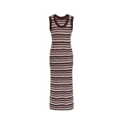 Concise-White Color Striped Knitted Long Dress