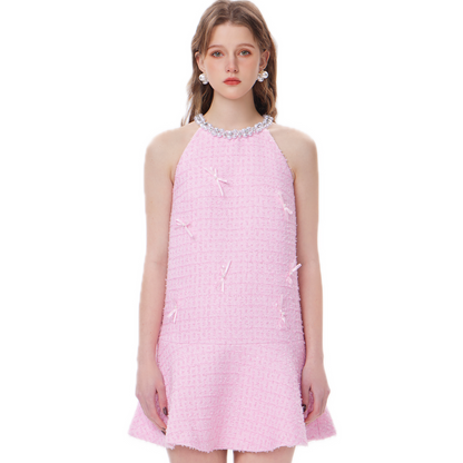 THREE QUARTERS Pink Chambray Pearl Neck Dress