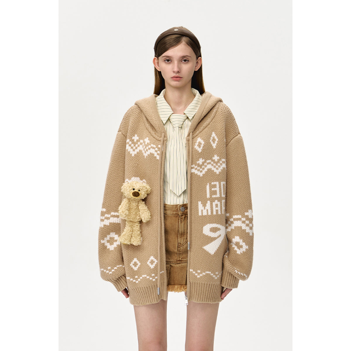 13DE MARZO Fair Isle Bear Zip Knit Hoodie Khaki