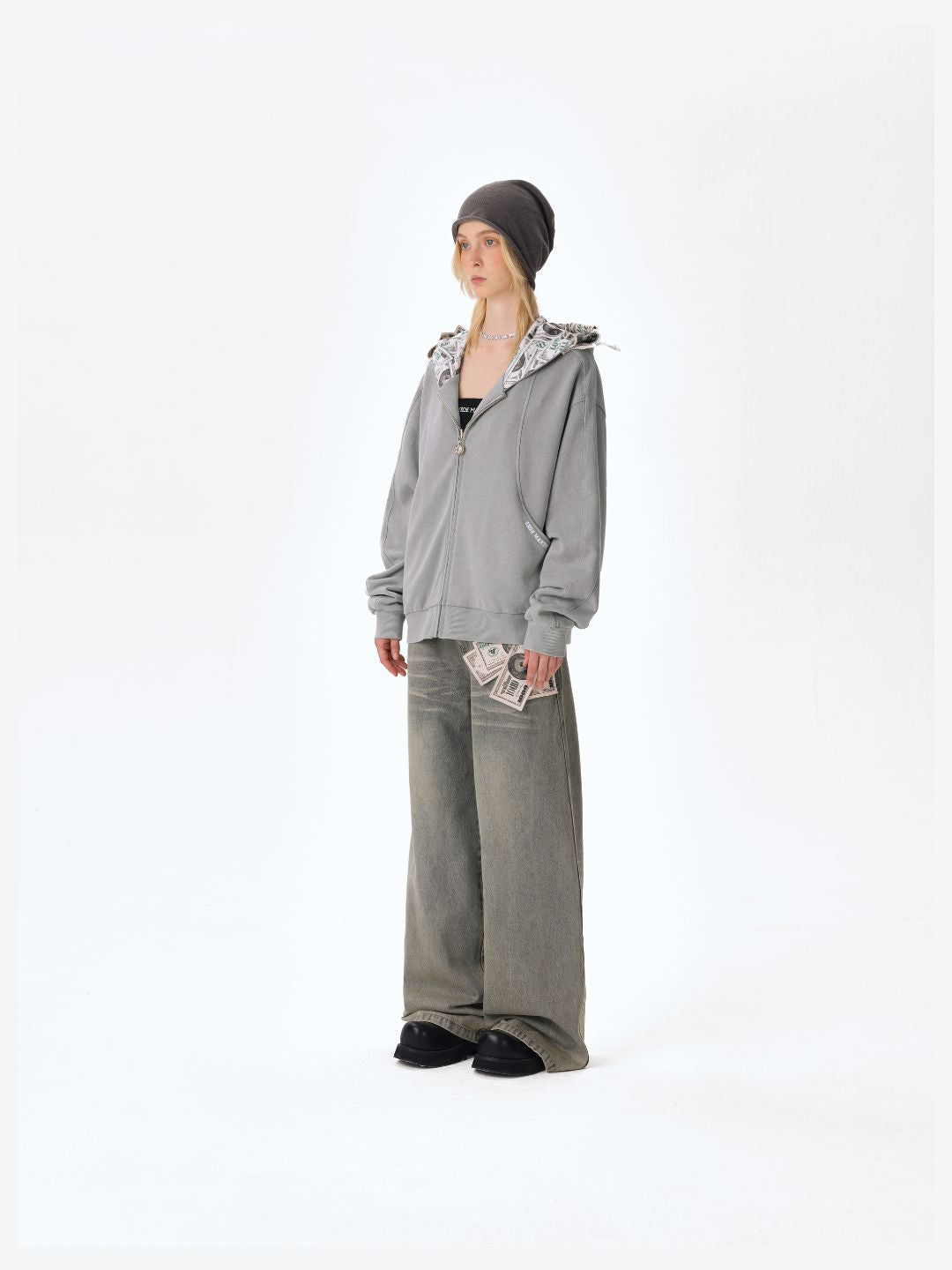 13DE MARZO Bear Cash Zipper Hoodie Grey