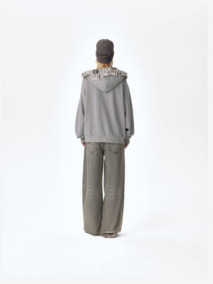 13DE MARZO Bear Cash Zipper Hoodie Grey