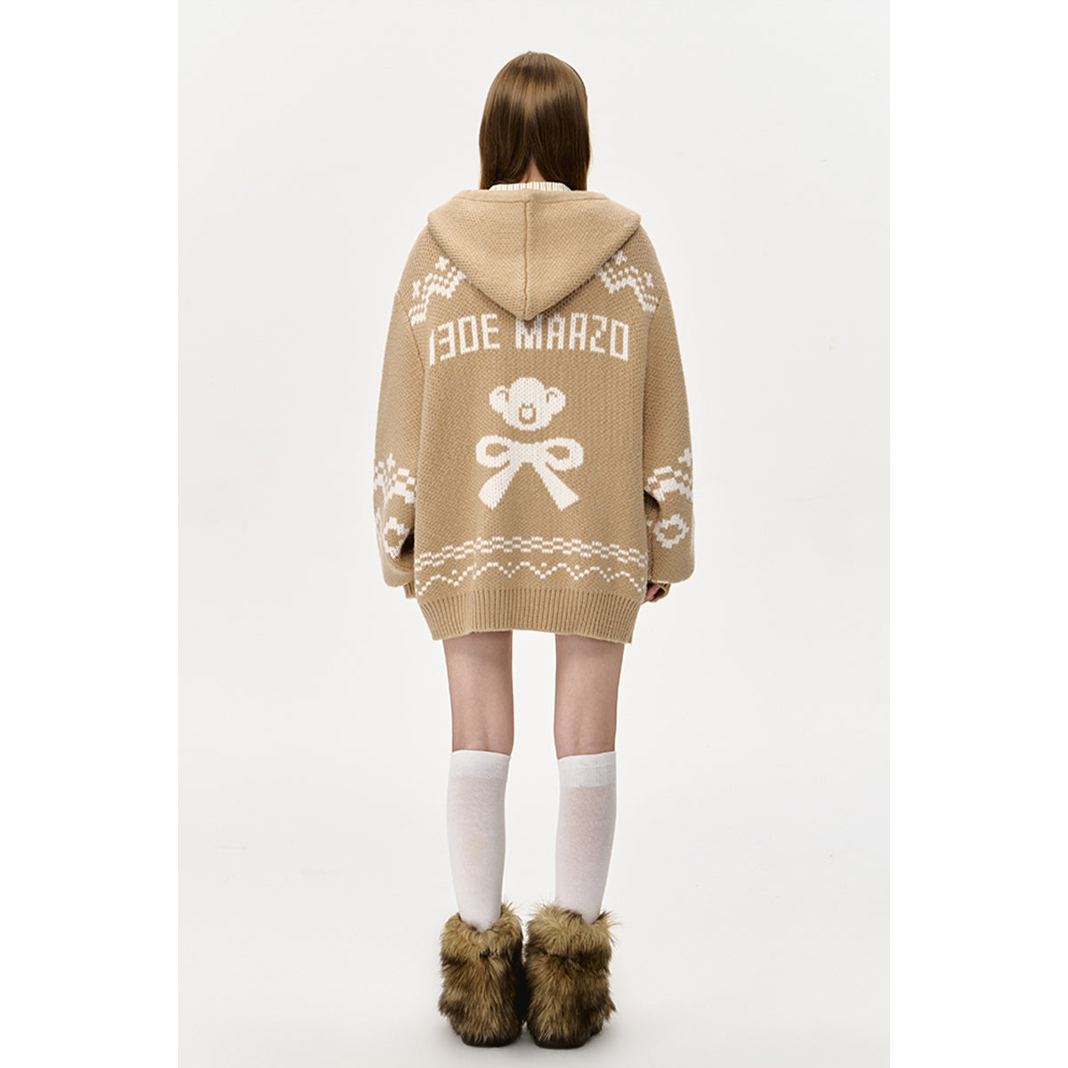 13DE MARZO Fair Isle Bear Zip Knit Hoodie Khaki