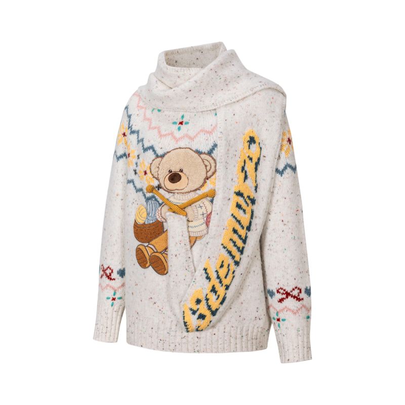 13DE MARZO Fair Isle Bear Knit Sweater White