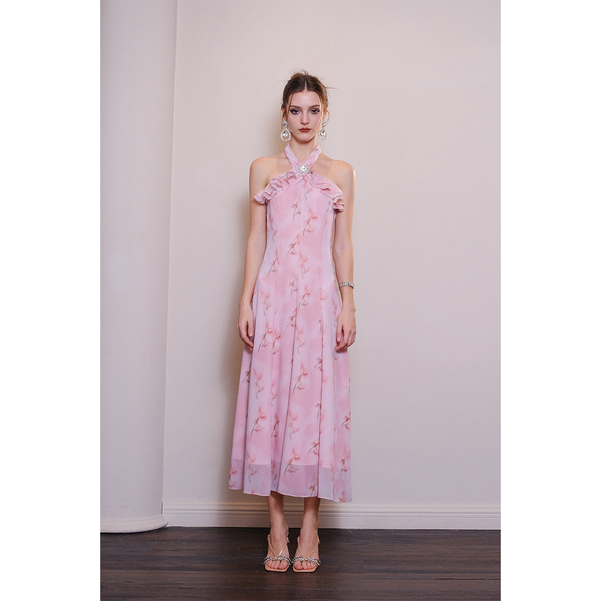 DIANA VEVINA Stringy Selvedge Printed Halter Long Dress