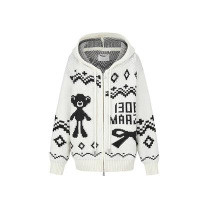 13DE MARZO Fair Isle Bear Zip Knit Hoodie White