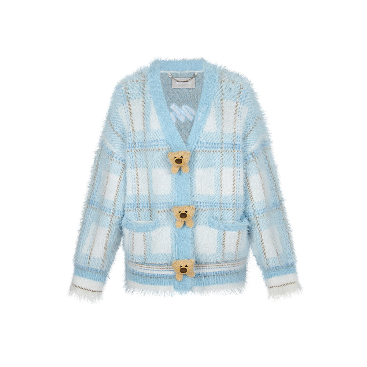 13DE MARZO Bear Button Plaid Knit Cardigan Blue