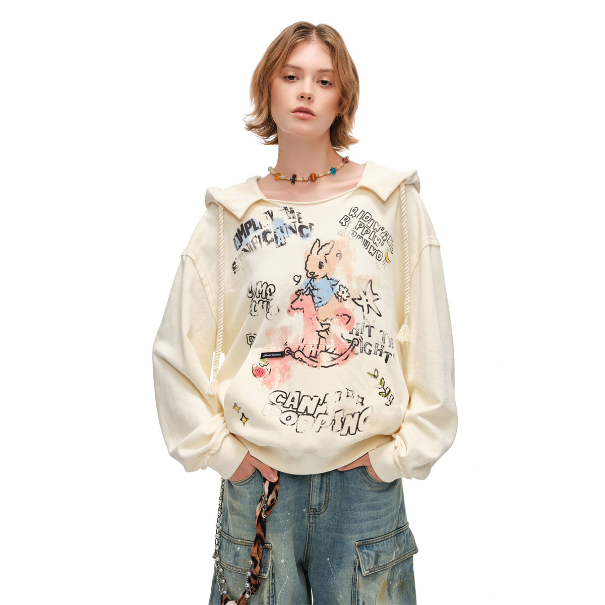 Alexia Sandra Printed Graffiti Rabbit Distressed Hoodie Yellow