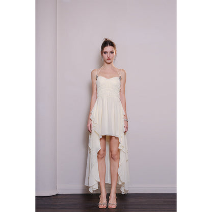 DIANA VEVINA Irregular Lace Sling Long Dress