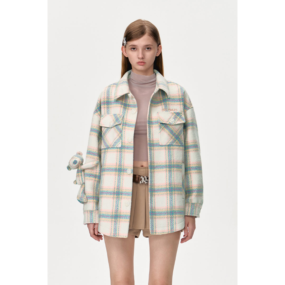 13DE MARZO Plaid Bear Woven Coat Beige