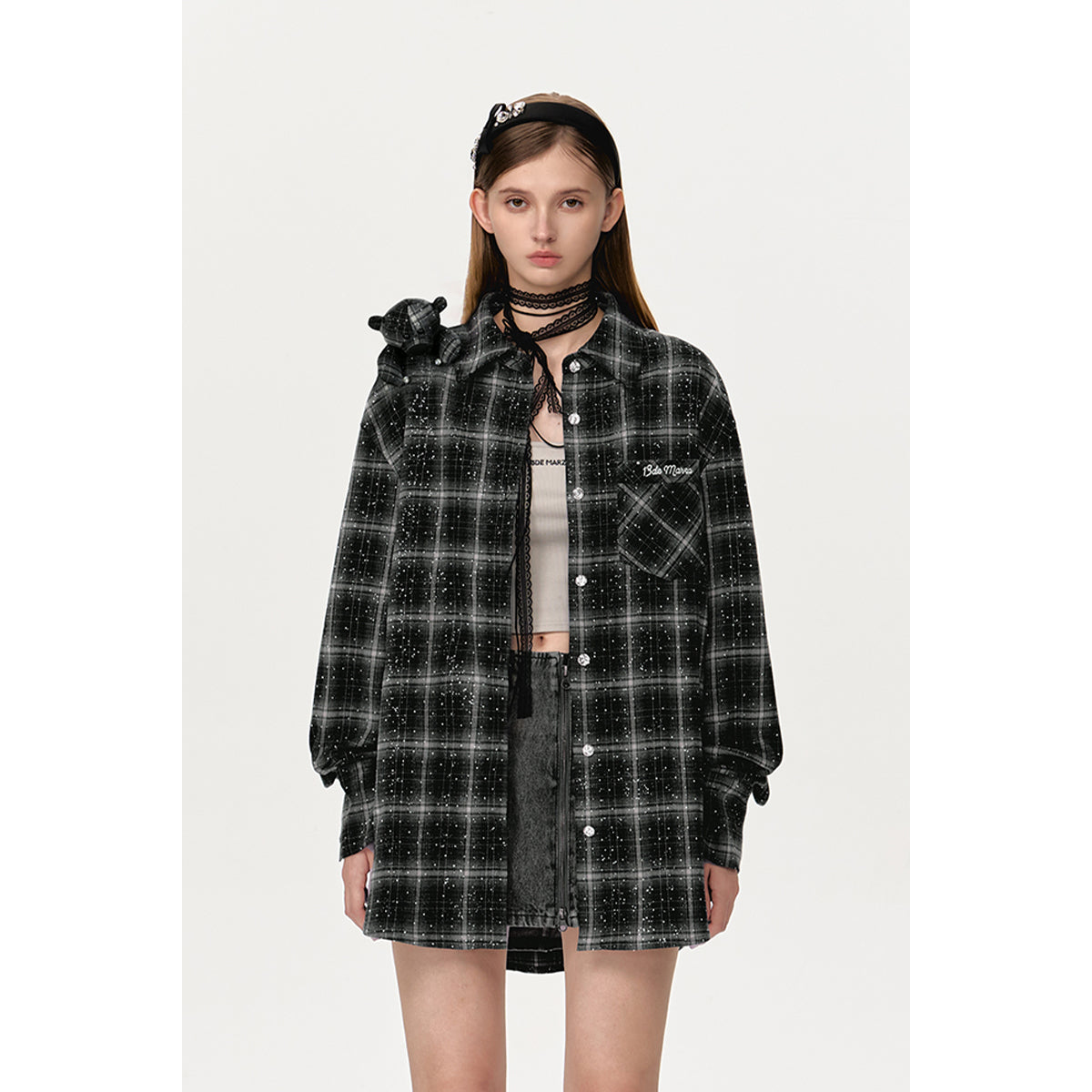 13DE MARZO Bear Sparkly Drill Plaid Shirt Black