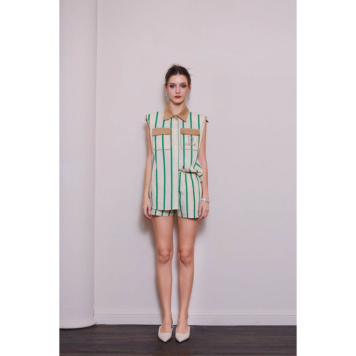 DIANA VEVINA Color Blocked Shoulder Pad Striped Top