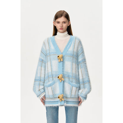 13DE MARZO Bear Button Plaid Knit Cardigan Blue