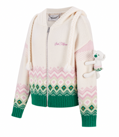 13DE MARZO Fair Isle Bear Cardigan Beige