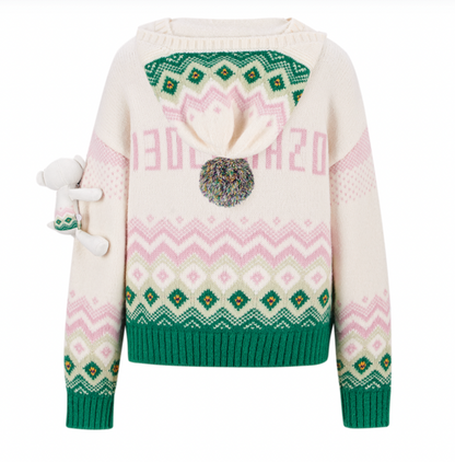 13DE MARZO Fair Isle Bear Cardigan Beige