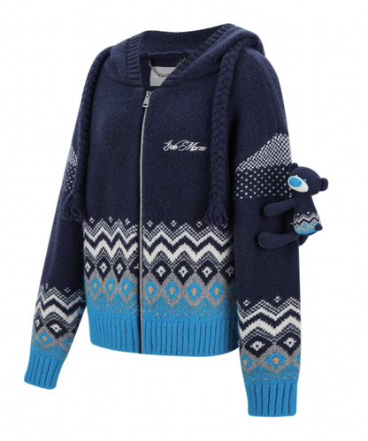 13DE MARZO Fair Isle Bear Cardigan Navy Blue