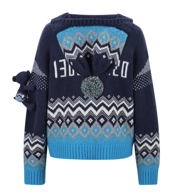 13DE MARZO Fair Isle Bear Cardigan Navy Blue