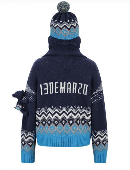 13DE MARZO Fair Isle Bear Cardigan Navy Blue