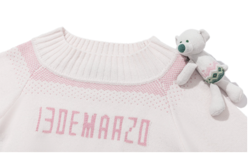 13DE MARZO Fair Isle Bear Off Shoulder Sweater Beige