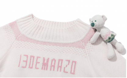 13DE MARZO Fair Isle Bear Off Shoulder Sweater Beige