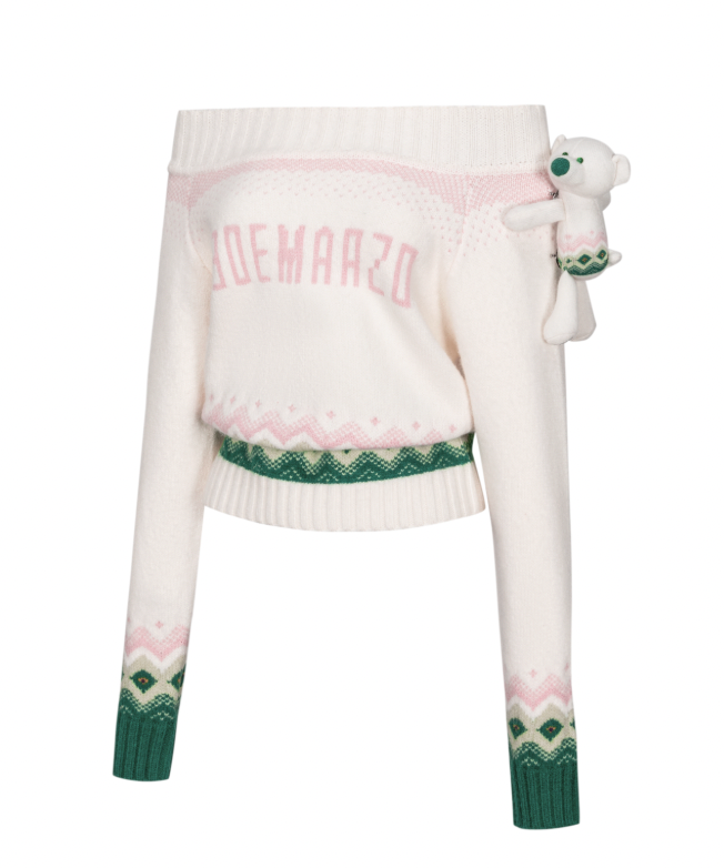 13DE MARZO Fair Isle Bear Off Shoulder Sweater Beige