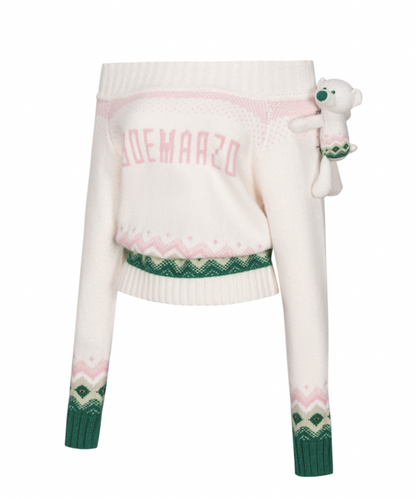 13DE MARZO Fair Isle Bear Off Shoulder Sweater Beige