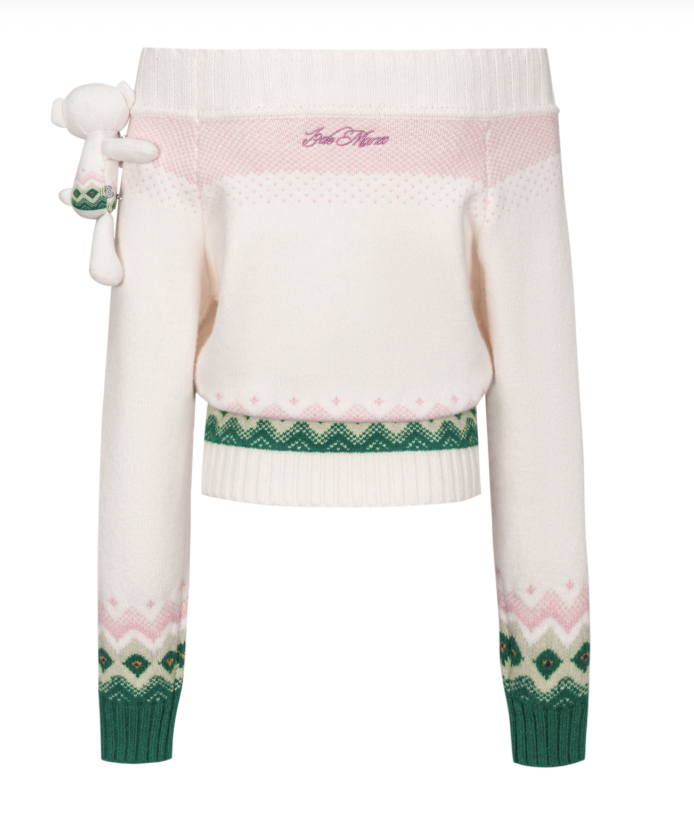 13DE MARZO Fair Isle Bear Off Shoulder Sweater Beige