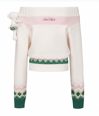 13DE MARZO Fair Isle Bear Off Shoulder Sweater Beige