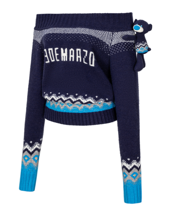 13DE MARZO Fair Isle Bear Off Shoulder Sweater Navy Blue