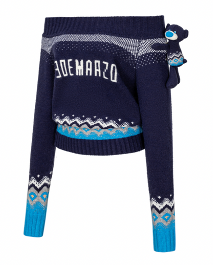 13DE MARZO Fair Isle Bear Off Shoulder Sweater Navy Blue