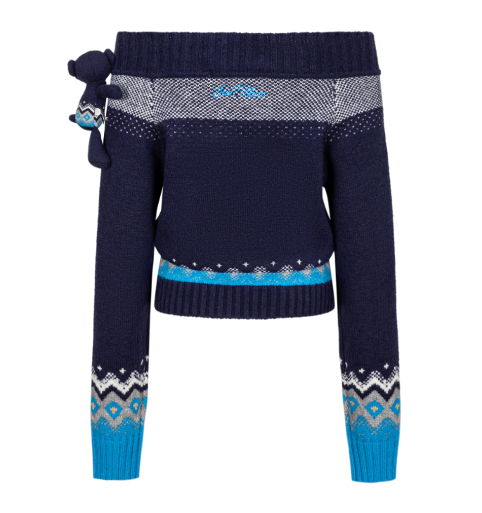 13DE MARZO Fair Isle Bear Off Shoulder Sweater Navy Blue