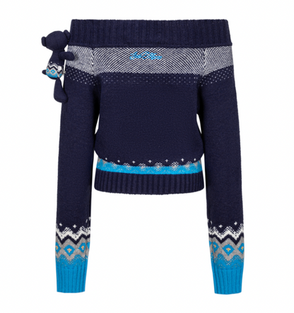 13DE MARZO Fair Isle Bear Off Shoulder Sweater Navy Blue