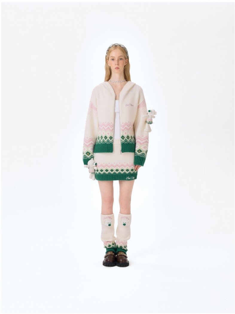 13DE MARZO Fair Isle Bear Cardigan Beige