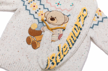 13DE MARZO Fair Isle Bear Knit Sweater White