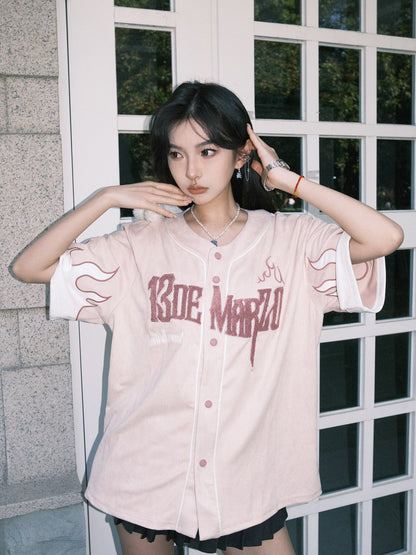 13DE MARZO Flame Baseball Shirt Mauve Chalk