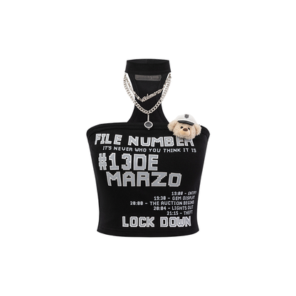 13DE MARZO Silver Foil Chain Print Bustier Top Black