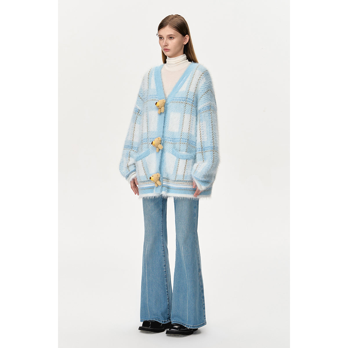 13DE MARZO Bear Button Plaid Knit Cardigan Blue