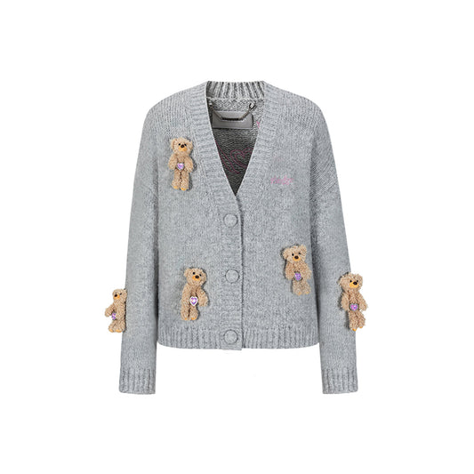 13DE MARZO Drilled Bear V-Neck Knit Cardigan Gray