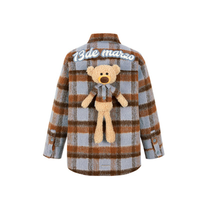 13DE MARZO Bear Tweed Plaid Shirt Blue