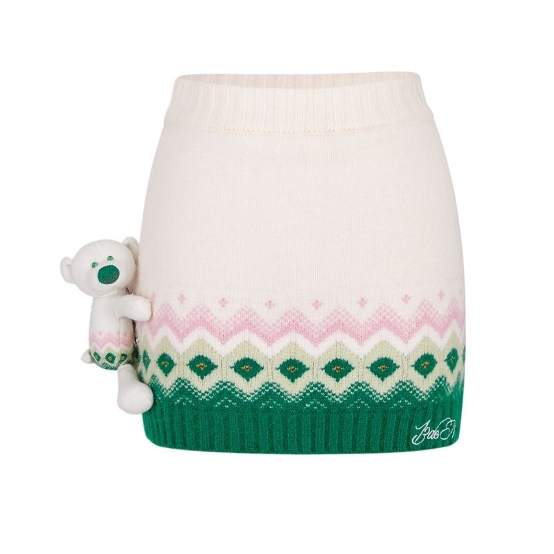 13DE MARZO Fair Isle Bear Knit Skirt Beige