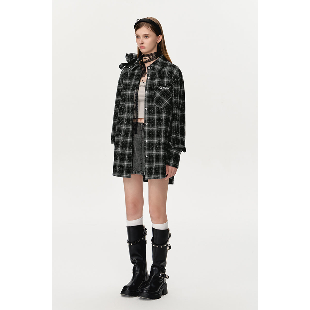 13DE MARZO Bear Sparkly Drill Plaid Shirt Black