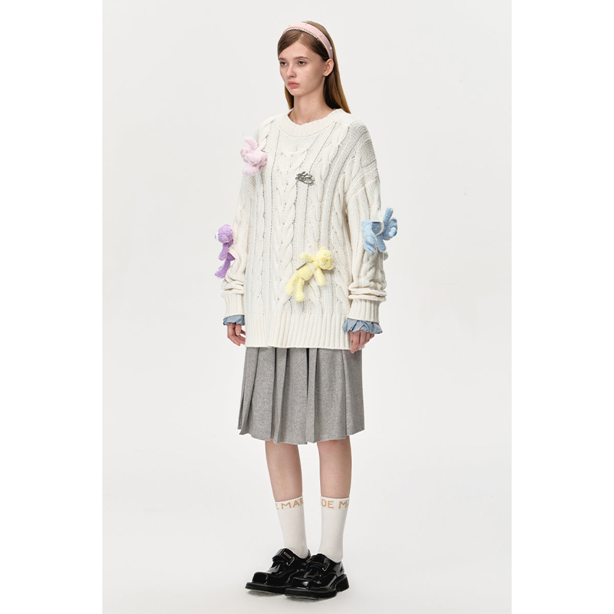 13DE MARZO Rainbow Bear Weave Knit Sweater White