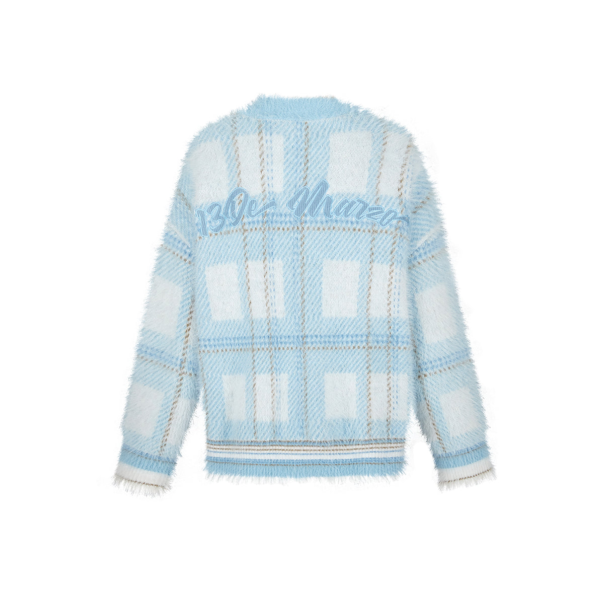 13DE MARZO Bear Button Plaid Knit Cardigan Blue