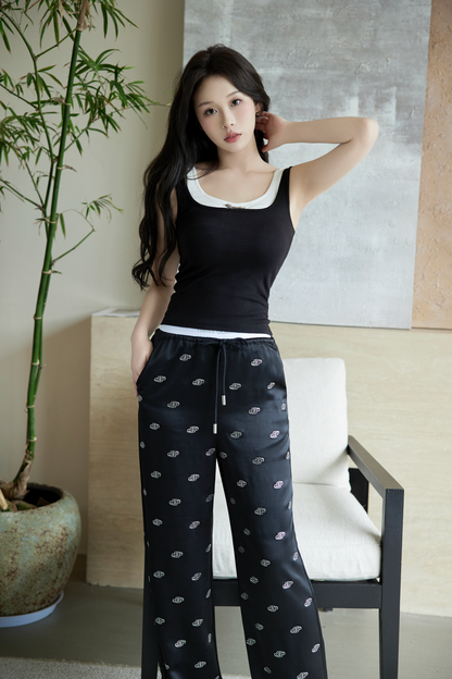 THREE QUARTERS Satin Drill Logo High Waisted Straight Leg Pants