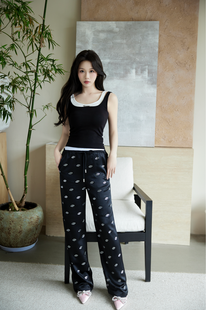 THREE QUARTERS Satin Drill Logo High Waisted Straight Leg Pants