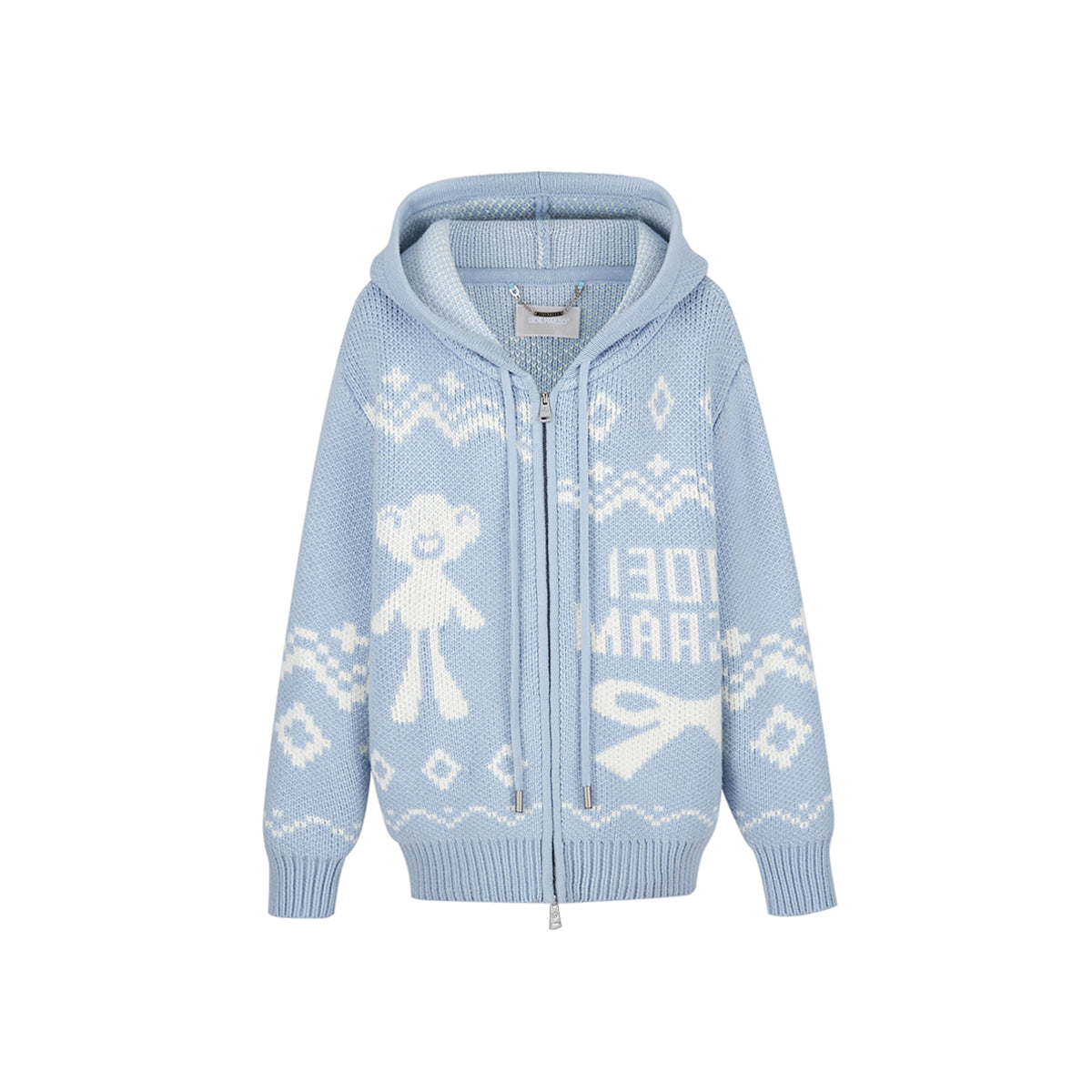 13DE MARZO Fair Isle Bear Zip Knit Hoodie Blue